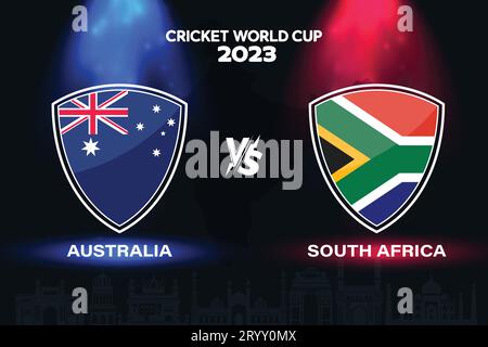 Logo della bandiera internazionale del cricket Australia vs Sud Africa sullo sfondo dello skyline indiano per la finale della Coppa del mondo 2023. EPS Vector per uno sport Illustrazione Vettoriale