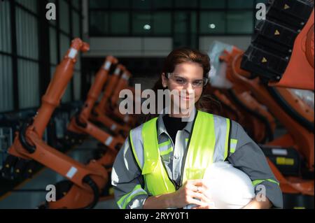 Ritratto di una donna ingegnere con la missione di controllare, testare, migliorare il software e calibrare il braccio robotico. Foto Stock