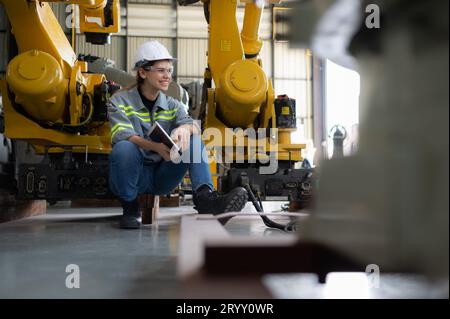 Un ingegnere donna installa un programma su un braccio robotico in un magazzino robot. E provare il funzionamento prima di inviare la macchina Foto Stock