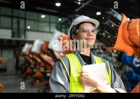 Ritratto di una donna ingegnere con la missione di controllare, testare, migliorare il software e calibrare il braccio robotico. Foto Stock