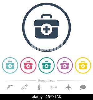 Kit di pronto soccorso icone piatte e piatte con contorni arrotondati. 6 icone bonus incluse. Illustrazione Vettoriale