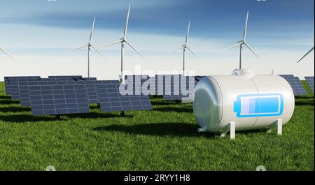 Caricabatterie impianto di energia solare centrale. Tecnologia ecologica e concetto di risparmio energetico. Tema dell'energia alternativa. Illust 3D. Foto Stock