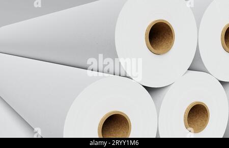 Gruppo di rotoli di carta bianca in fabbrica industriale per lo sfondo di stoccaggio. Concetto di produzione e produzione. Illustrazione 3D r Foto Stock