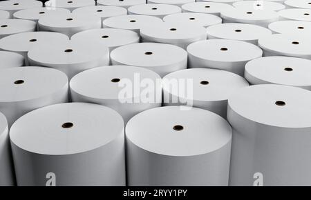 Gruppo di rotoli di carta bianca in fabbrica industriale per lo sfondo di stoccaggio. Concetto di produzione e produzione. Illustrazione 3D r Foto Stock