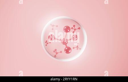 Atomi molecole all'interno delle bolle su sfondo rosa della pelle. Prodotti cosmetici per la pelle o trattamento e soluzione per la pelle umana. illustrazione 3d. Foto Stock