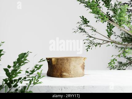 Podio di legno su fondo bianco del tavolo. Concetto naturale e cosmetico. Rendering dell'illustrazione 3D. Foto Stock