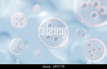 Primo piano delle strutture degli atomi molecolari all'interno delle bolle vitaminiche su fondo di siero liquido blu. Cosmetici per la cura della pelle o per la pelle umana tr Foto Stock