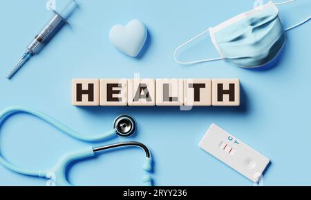 Cubi di blocco di parole in legno salute con attrezzature mediche su sfondo di carta blu. Concetto sanitario e salutare. Illustrazione 3D. Foto Stock