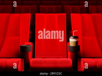 File di sedili in velluto rosso per guardare film al cinema con sfondo banner per spazi di copia. Intrattenimento e teatro. 3D. Foto Stock