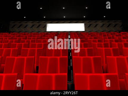 File di sedili in velluto rosso per guardare film al cinema con sfondo banner per spazi di copia. Intrattenimento e teatro. 3D. Foto Stock