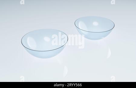 Coppia di lenti a contatto su pavimento riflettente pulito in laboratorio. Ottica medico e concetto di assistenza sanitaria. 3D rendering dell'illustrazione Foto Stock