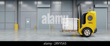 Robotica senza conducente carrello elevatore a forche per auto sollevamento e spostamento di pallet scatola di cartone in magazzino sullo sfondo della fabbrica. Busin Foto Stock