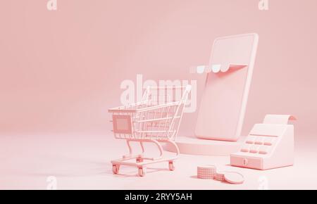 Concetto di shopping e consegna online con spazio copia su sfondo rosa pastello. Negozio di e-commerce per aziende e consegne. Illus 3D. Foto Stock