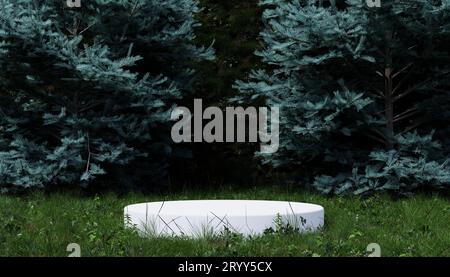 Podio minimale bianco in mezzo alla pineta su prato verde e fiori di Bellfiori e Daisy. Conc. Oggetto e natura Foto Stock