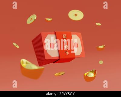 Pacchetto di buste rosse per il capodanno cinese chiamato Ang pow e lingotti d'oro e monete su sfondo isolato. Affari e Horosco Foto Stock