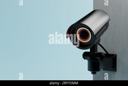 Telecamera di sicurezza CCTV isolata sulla parete su sfondo blu. Tecnologia sicura e sicura all'interno del concetto di proprietà e proprietario della casa. Copia Foto Stock