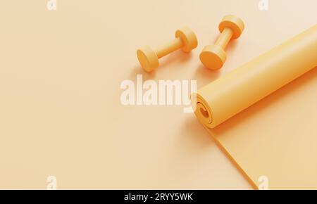 Set di accessori sportivi per il fitness con tappetino yoga e manubrio su sfondo giallo pastello. Concetto di oggetto fitness e sport. Monocolo Foto Stock