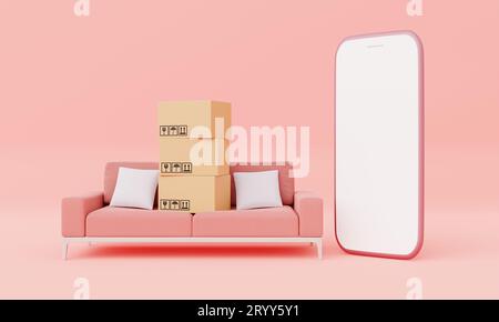 Scatole di cartone con smartphone isolato con schermo bianco con divano, mockup decorativo in stile pastello rosa Foto Stock
