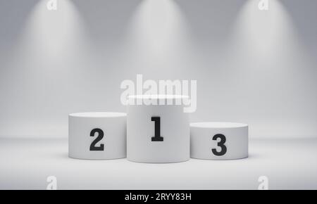 Podio bianco vincitore del cilindro rotondo su fondo riflettore con numero di posti. Concetto di geometria minima astratta. Piattaforma Studio Foto Stock