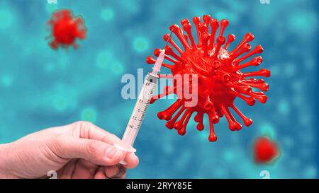 Chiudere il virus dell'influenza nel vaso sanguigno con il vaccino immunitario. Sfondo coronavirus wireframe COVID-19. Scienza e medicina Foto Stock