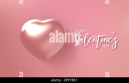 Scheda di invito bianca Happy Valentines Day con forma a cuore con perle di diamante su sfondo pastello rosa. Vacanze e affetto Foto Stock