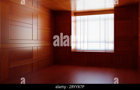 Camera vuota in legno di stile asiatico con finestra. Design giapponese moderno con tavola di legno. Architettura e concetto di interni. 3Dillu Foto Stock