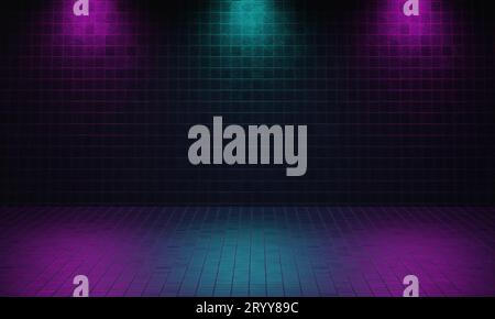 Camera vuota scura realizzata in mattoni con sfondo viola e blu. Stile cyberpunk e concetto teatrale. Arch Foto Stock