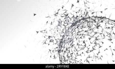 Struttura del plesso nero astratto sulla terra della sfera incrinata ed esplosa su sfondo bianco. Illustrazione 3D. Foto Stock