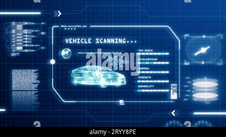 Display del computer dell'interfaccia utente della velocità dell'auto di guida HUD con sfondo in pixel. Hologr. Trasformazione digitale astratta blu Foto Stock