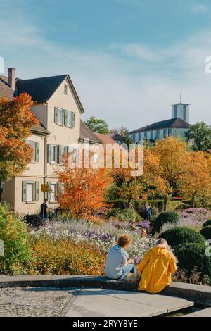 Casa con bel giardino in autunno. Fiori nel parco cittadino di Bietigheim-Bissingen, Baden-Wuerttemberg, Germania, Europa. Autunno Pa Foto Stock