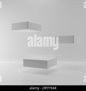 Tavolino quadrato fluttuante levitazione su sfondo bianco. Astratto di tre piedistalli in una stanza vuota per la presentazione pubblicitaria dei prodotti Foto Stock