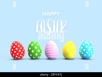 Uova di Pasqua colorate con testo calligrafico su sfondo blu. Concetto di festività e festival. Ventola a stella a punti e a linea Foto Stock