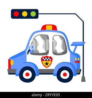 Auto della polizia sotto i semafori, illustrazione di cartoni animati vettoriali Illustrazione Vettoriale