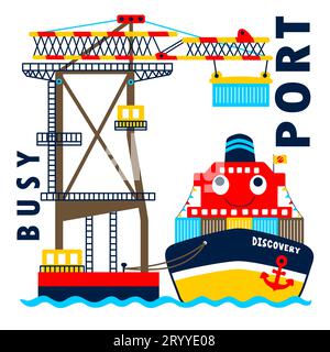 Divertente nave da carico in un porto, illustrazione di cartoni animati vettoriali Illustrazione Vettoriale