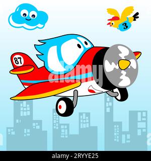 Divertente aereo con una colomba che vola attraverso gli edifici, illustrazione di cartoni animati vettoriali Illustrazione Vettoriale