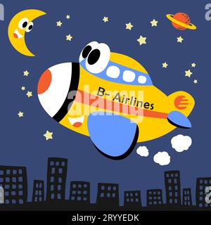 Divertente aereo che vola di notte attraverso gli edifici, illustrazione di cartoni animati vettoriali Illustrazione Vettoriale