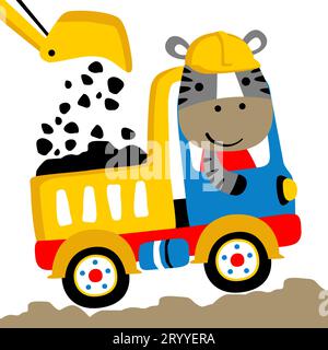 Carino autocarro con cassone ribaltabile a zebra, carico con retroescavatore di carbone, illustrazione di cartoni animati vettoriali Illustrazione Vettoriale