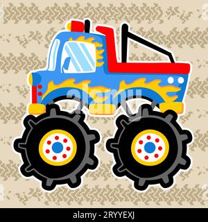 Monster Truck sullo sfondo delle tracce degli pneumatici, illustrazione dei cartoni animati vettoriali Illustrazione Vettoriale