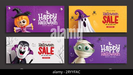 Design del set vettoriale per biglietti in promozione per Halloween. Le etichette dei biglietti di auguri di Halloween presentano la collezione per le etichette promozionali degli sconti per gli acquisti natalizi. Vettore Illustrazione Vettoriale