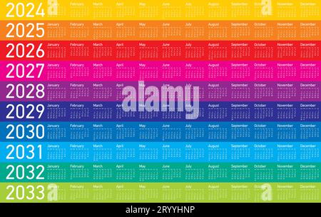Calendario colorato per gli anni 2024, 2025, 2026, 2027, 2028, 2029, 2030, 2031, 2032 e 2033, in formato vettoriale. Illustrazione Vettoriale