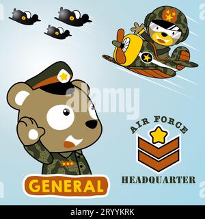 Squadrone dell'aeronautica militare con un simpatico orso in costume militare. Maglietta per bambini, illustrazione di cartoni animati vettoriali Illustrazione Vettoriale