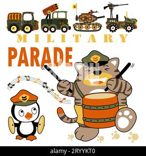 Graziosi pinguini e gatto che suonano strumenti musicali in parata militare, maglietta, illustrazione di cartoni animati vettoriali Illustrazione Vettoriale