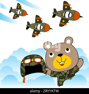 Simpatico orso in costume da soldato allo spettacolo aereo da guerra, t-shirt, illustrazione di cartoni animati vettoriali Illustrazione Vettoriale