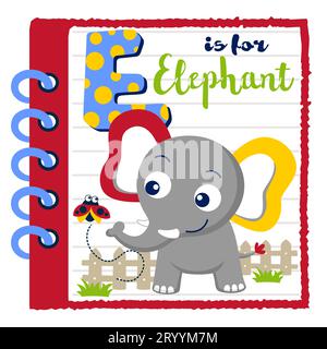 Carino elefante con coccinella nella cornice del notebook, cartoni animati educativi per bambini, illustrazioni di cartoni animati vettoriali Illustrazione Vettoriale