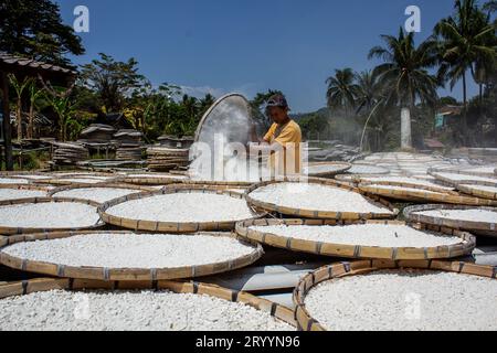 Sumedang, Giava Occidentale, Indonesia. 3 ottobre 2023. Un operaio asciuga farina di tapioca fatta di manioca in una casa di produzione a Sumedang, Giava Occidentale. Le vendite di farina di tapioca sono diminuite del 50% a causa di un calo della domanda del mercato. (Immagine di credito: © Algi February Sugita/ZUMA Press Wire) SOLO USO EDITORIALE! Non per USO commerciale! Foto Stock