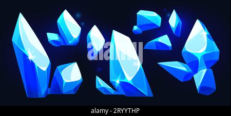 Cristalli di pietra preziosa blu isolati su sfondo nero. Illustrazione di cartoni animati vettoriali di diamanti o pezzi di ghiaccio scintillanti, minerali scintillanti, grotte del tesoro fantasy o elementi di design delle miniere di gioielli Illustrazione Vettoriale