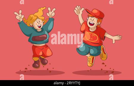 Animatore animato Happy girl and boy jump, illustrazioni dei personaggi vettoriali per bambini. I bambini si divertono in festa. Clipart dei giovani amici. Danza divertente eccitata e positiva festeggia e salta gli studenti adolescenti in amicizia Illustrazione Vettoriale