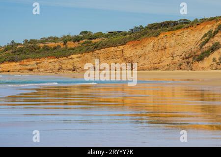Vista ad angolo basso delle scogliere sul mare riflessa su una spiaggia di sabbia bagnata sulla Great Ocean Road ad Anglesea in Victoria. Foto Stock