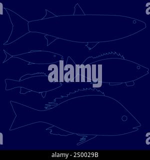 I pesci marini fissano il contorno. Specie marine e di acqua dolce. Vista laterale. Illustrazione vettoriale Illustrazione Vettoriale