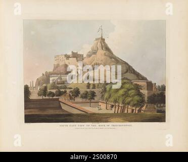 Vista sud-est della roccia del Tritchinopoly. Dalle vedute dell'acquatinta dell'Hindostan dal lavoro del colonnello Ward, intorno al 1800. Illustrazione vintage British Colonial India Foto Stock